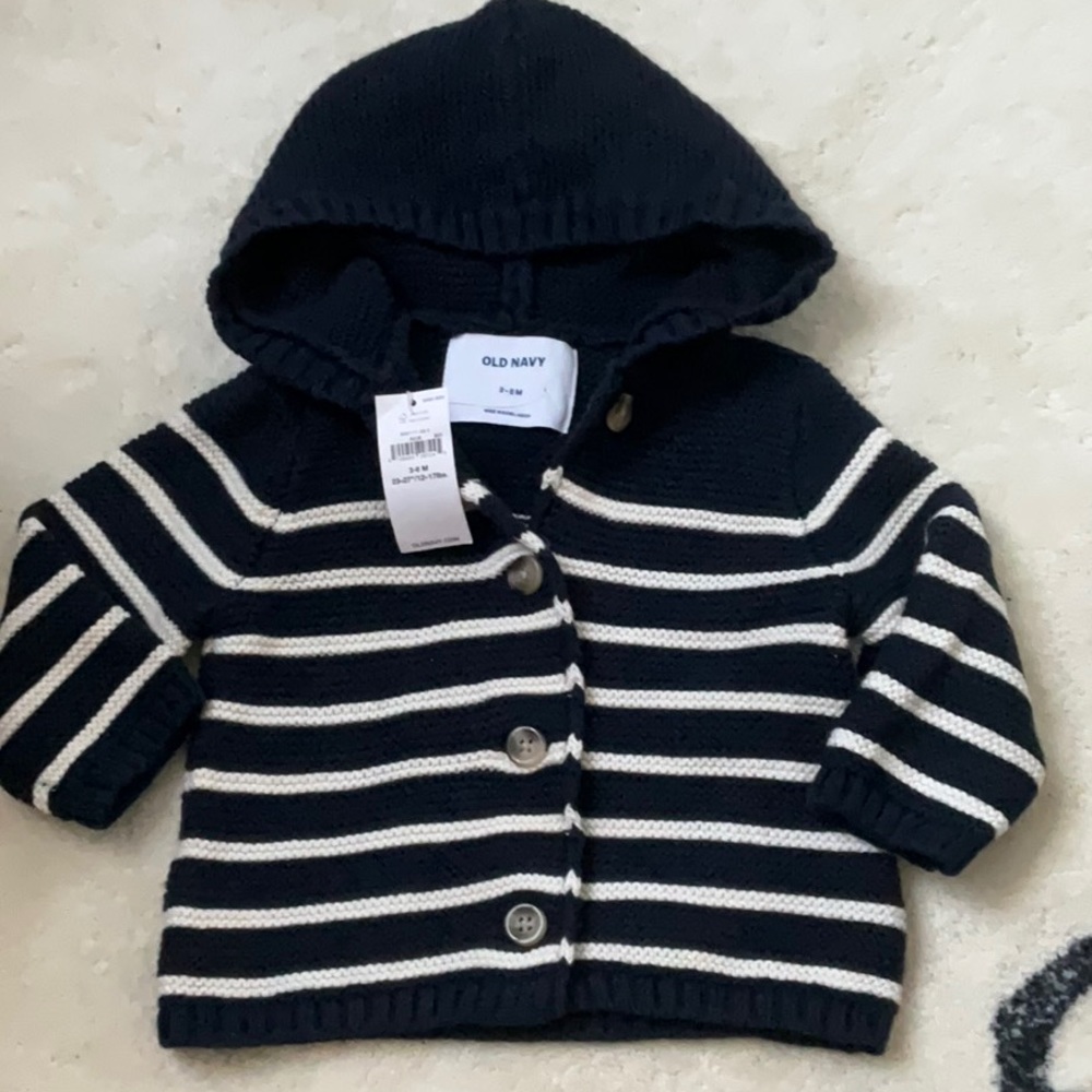 Old Navy hooded button down sweater. Navy and white strips. Size 3-6 months.